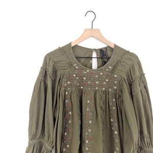 *free people* olive green floral embroidery blouse